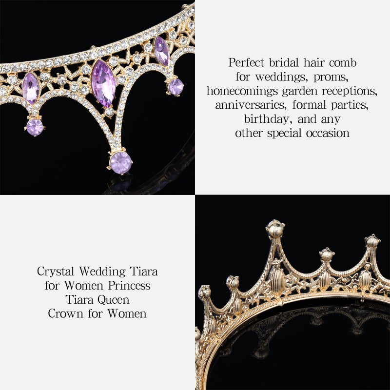 Amariver Gold Wedding Crown Crystal Tiara for Women Queen Crowns Princess Headband Purple Rhinestones Tiaras for Bride Sparkle Hair Accessories for Birthday Prom Pageant Party - Image 3